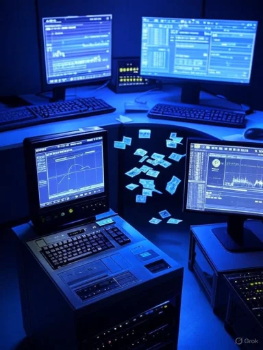 Dim blue-lit control room with multiple monitors, a laptop, servers, and sticky notes.