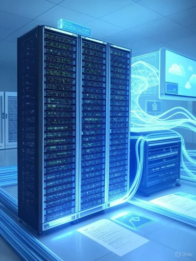 Blue-lit data center with rows of server racks and glowing cables.