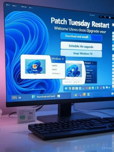 A computer monitor displays a blue 'Patch Tuesday Restart' screen with a keyboard in front.