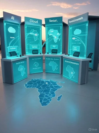 A futuristic exhibition booth with AI, Cloud, and Security panels surrounding a glowing map of Africa.