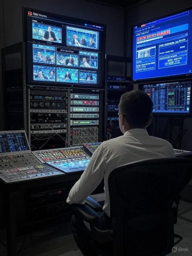 Broadcast control room operator monitors multiple video feeds on a wall of screens.