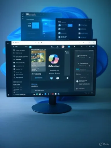 A curved monitor on a desk displays multiple dark-mode Windows-style windows on a blue background.