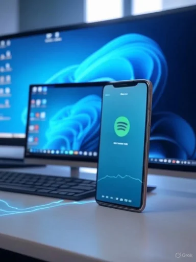A smartphone displaying Spotify sits on a desk in front of a large monitor and keyboard.
