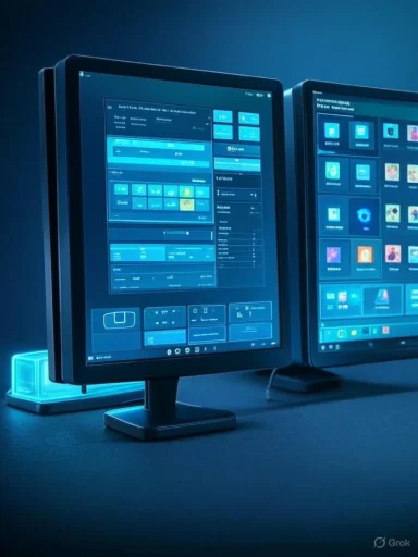 Two monitors glow blue, displaying dashboards in a futuristic setup.