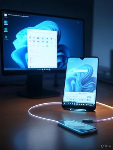 A smartphone rests on a glowing charging ring in front of a Windows desktop monitor.