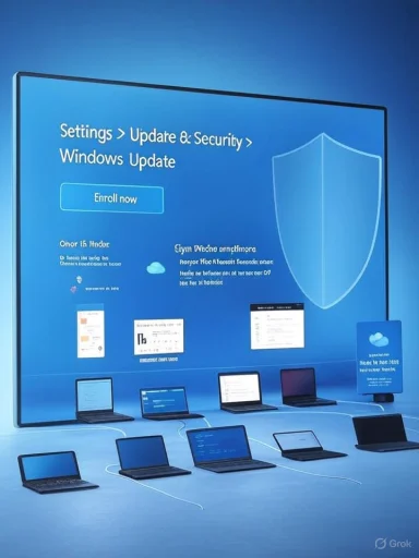 Blue Windows Update promo screen with 'Enroll now' and a shield, surrounded by laptops.