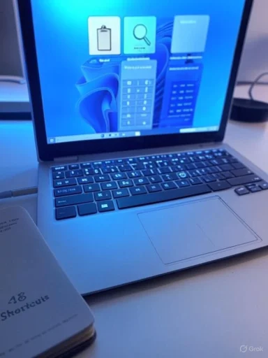 A silver laptop on a desk with a bright blue desktop screen, beside a notebook labeled '48 Shortcuts'.