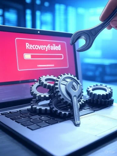 Laptop shows “Recovery failed” as gears and a wrench rest on the keyboard, signaling repair.