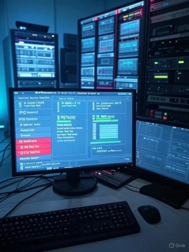 A blue-lit data center with server racks and a desk monitor displaying dashboards.