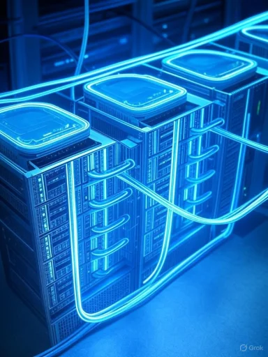 Blue neon-lit server racks in a data center with glowing cables.