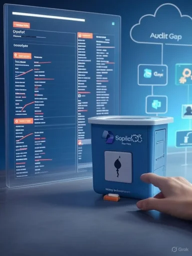A blue medical waste bin with a droplet icon sits before a futuristic digital dashboard.