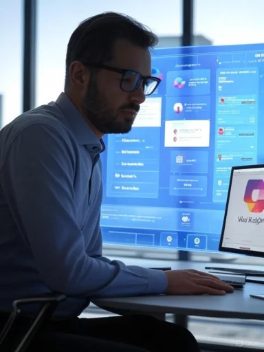 A man with glasses works at a desk, looking at a large blue digital dashboard.