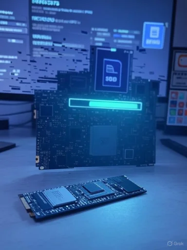 Blue-lit scene showing an M.2 SSD in front of a large PCB with a glowing progress bar.