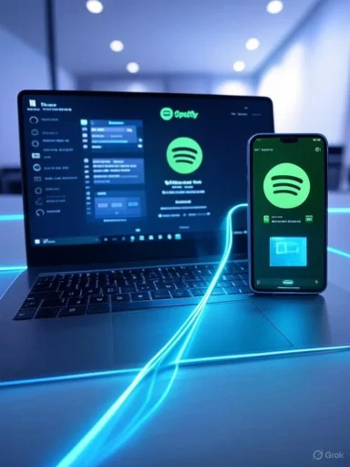 Laptop and smartphone display Spotify screens, linked by glowing blue cables in a futuristic setup.