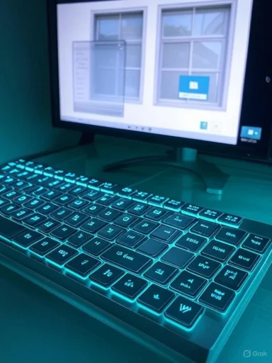 A desktop setup with a cyan backlit keyboard and a Windows monitor.