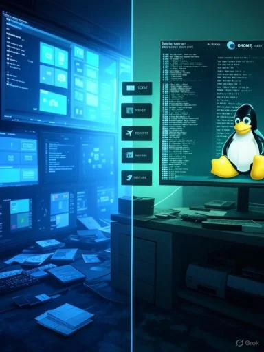 A futuristic control room with blue-lit screens and a Linux penguin on the monitor.