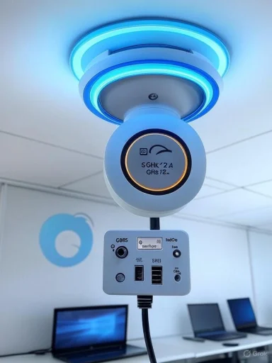 A ceiling-mounted camera with blue LED rings in a modern lab.