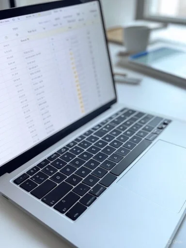 Open laptop showing a spreadsheet on a bright desk with a coffee mug in the background.