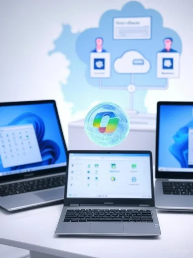 Laptops surround a floating holographic padlock above a cloud-themed data backdrop.