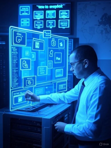 A man in a shirt and tie uses a large blue holographic touchscreen filled with icons and charts.