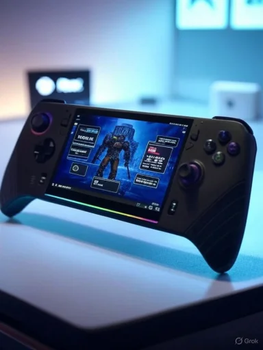 A handheld game console on a desk shows a sci-fi RPG with a blue-armored character.