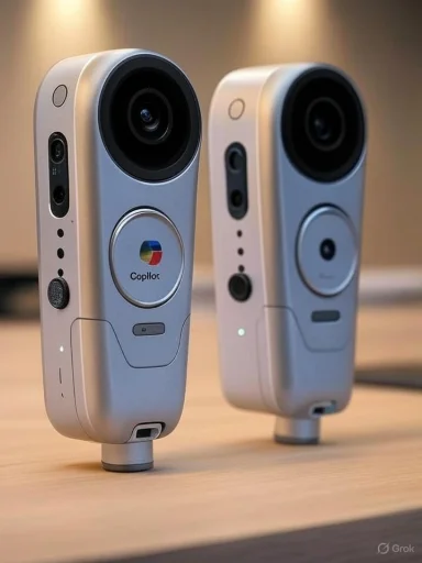 Two sleek silver cameras with large round lenses sit on a wooden table.