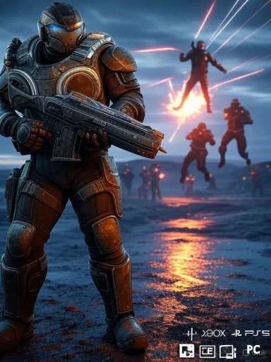 Heavy armored soldiers fight on a neon-lit battlefield with laser fire and explosions.
