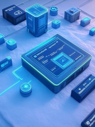 Futuristic blue neon modular tech units arranged on a glowing circuit grid.