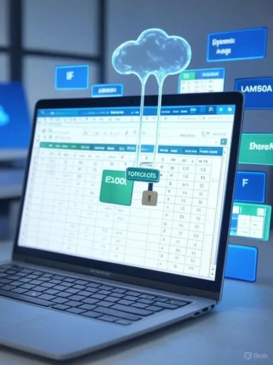 A laptop shows a spreadsheet with a cloud icon and padlock, symbolizing cloud data security.