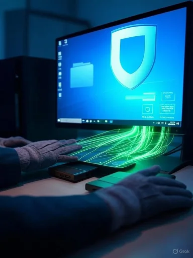 Person in gloves at a computer, blue shield on the monitor and neon green light trails.