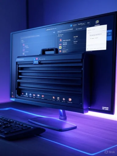A monitor displays software while a black, multi-drawer toolbox sits on the desk under blue LED lighting.