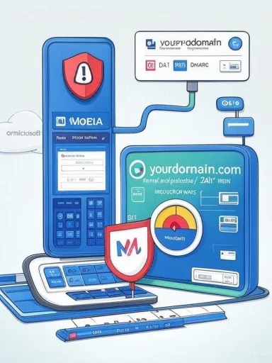 Blue security illustration with a shielded device connected to a domain dashboard.