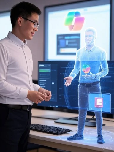 A man in a white shirt demonstrates with a holographic colleague standing on his desk.