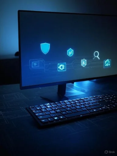 Blue-lit monitor displays cybersecurity icons above a glowing keyboard.