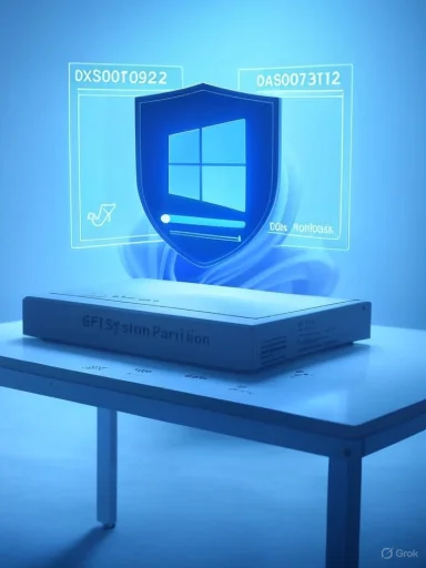A blue holographic Windows shield floats above a boxed device on a table.