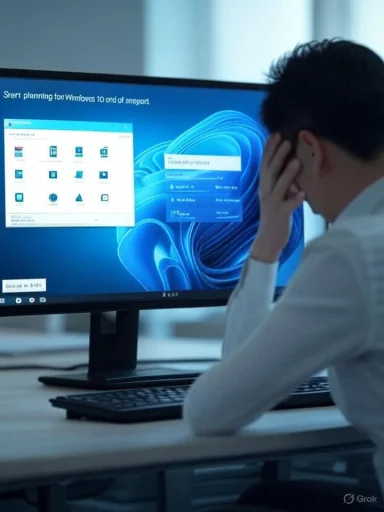 A person sits at a desk with a large monitor, hands on their head in apparent frustration.
