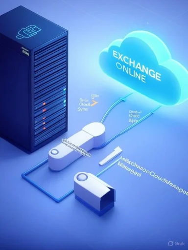 A server links to a glowing cloud labeled Exchange Online in a blue data center.