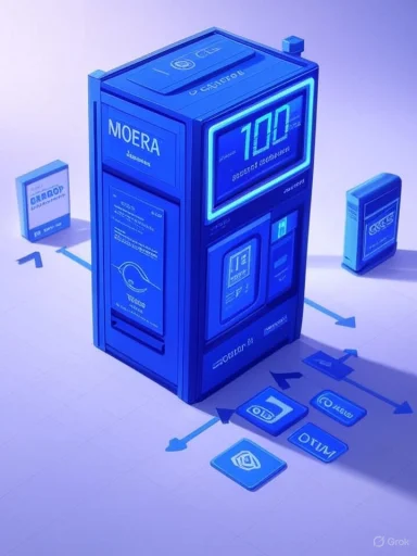 A futuristic blue data terminal labeled MOERA with tiles and arrows spreading outward.