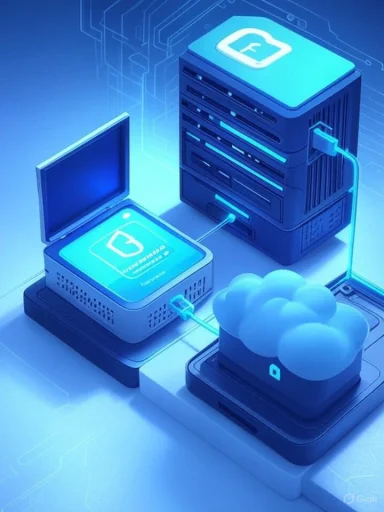Blue neon data center with stacked servers connected to a laptop and cloud storage.