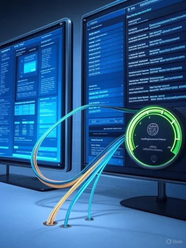 Two blue-lit monitors show dashboards as glowing cables feed into a neon circular device.