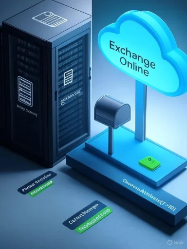 A data server connects to the cloud for Exchange Online, signaling cloud email and data security.