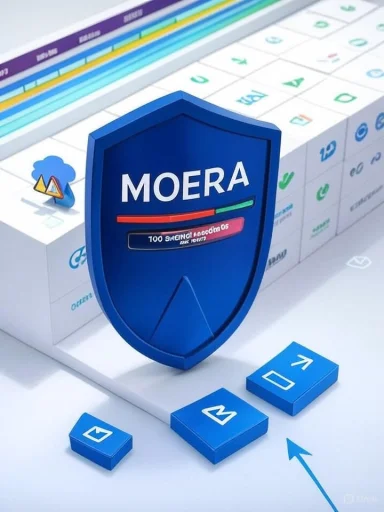 Blue shield labeled MOERA protects digital blocks in a security-themed diagram.