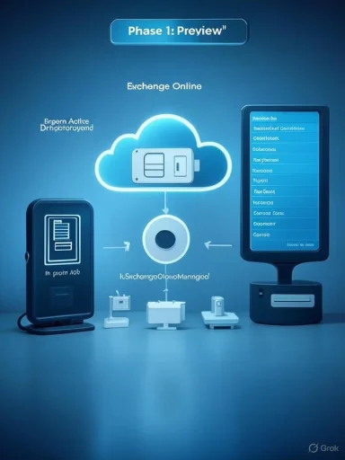 Blue neon infographic titled Phase 1: Preview, showing cloud storage linking multiple devices.