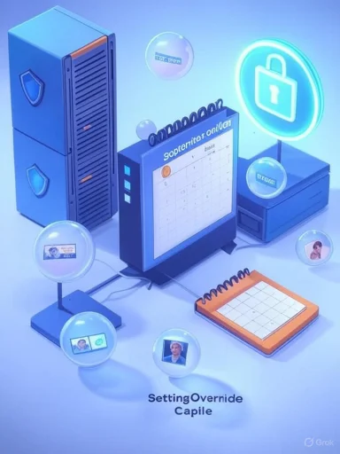 Blue isometric data-center scene with a server, calendar, lock, and floating profile icons.
