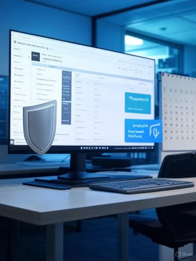 An office desk with a computer monitor and a shield icon, conveying cybersecurity.