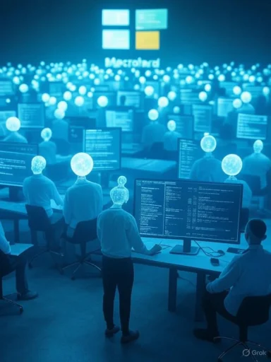 Blue-toned data center filled with glowing AI figures at computer terminals, Microsoft in the background.