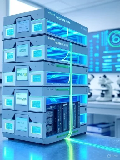 A neon-lit stack of servers in a futuristic data center.