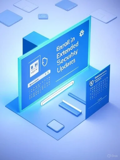 A blue 3D isometric display promoting “Enroll in Extended Security Updates.”