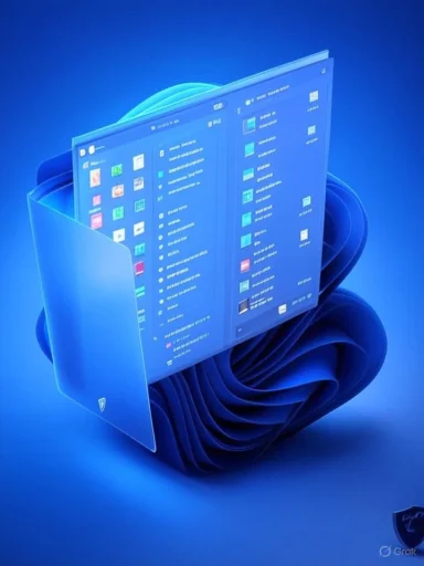 A blue 3D render showing Windows-style folders and windows hovering over a swirling surface.