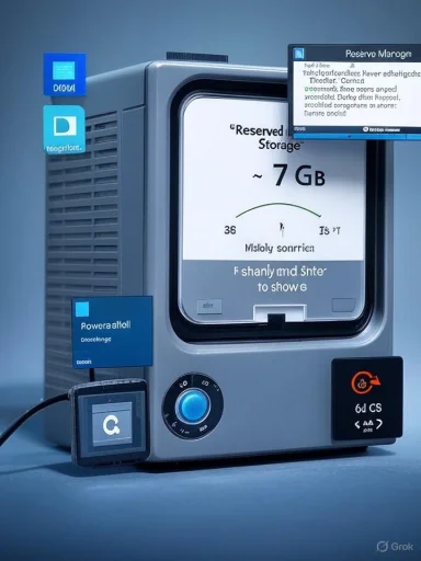 A retro-futuristic data storage unit with a large display reading “Reserved Storage ~7 GB” and blue stickers.